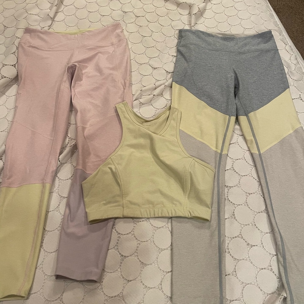 Outdoor voices yellow sports bra size small, color block leggings medium